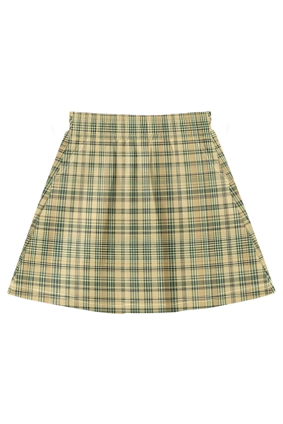 Olive Yellow Grid Pattern Cotton Skirt Built-in Liner Elastic A-Line Flared Skirt with Pockets