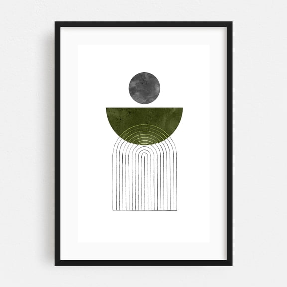 Olive green mid-century modern - Digital Art Geometric Minimalist Abstract Modern Art Line Art Pattern Art Deco Black Framed Wall Art Print 5 x 7 inches