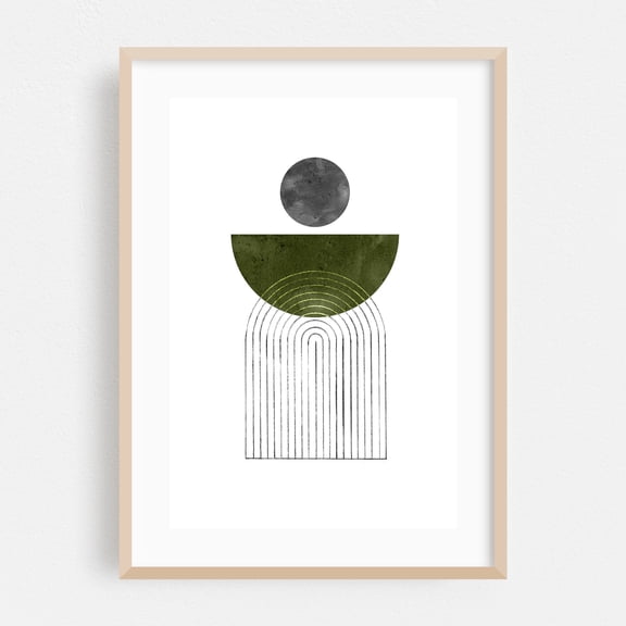 Olive green mid-century modern - Digital Art Geometric Minimalist Abstract Modern Art Line Art Pattern Art Deco Oak Framed Wall Art Print 5 x 7 inches
