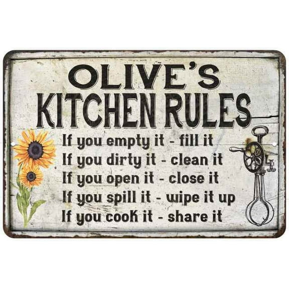 Olive's Kitchen Rules Chic Sign Vintage Decor 8 x 12 High Gloss Metal 208120032459