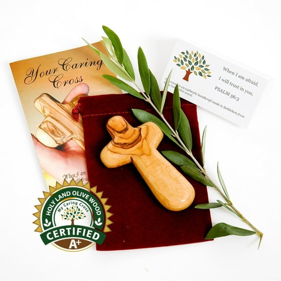 Olive wood Comfort Holding Cross Package with box,Velvet bag & Lord's Prayer card - The Holding or Hand Cross (4 inches) - Large