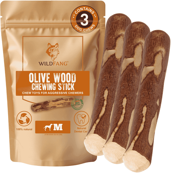Wildfang® 3 Olive Wood Dog Chews (Size M) – Natural Teething & Chew Toy for Puppies & Dogs, Long-Lasting Wooden Stick, Root Bone, Safe Wood Chew for All Breeds