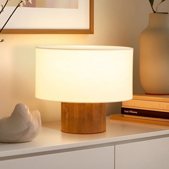 Oliver 10" Mid-Century Modern LED Table Lamp with Brown Wooden Base and Cream Fabric Shade