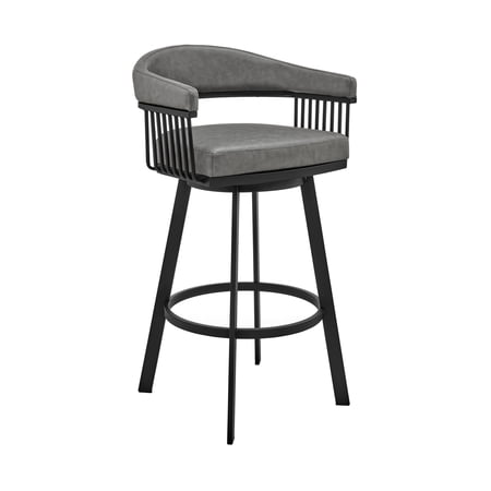 Oliver 26 Inch Counter Stool, Vegan Faux Leather, Swivel, Slats, Warm Gray- Saltoro Sherpi