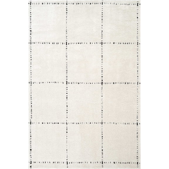 Oliver Checkered Area Rug 6x9 Cream Ivory Black Grid Modern
