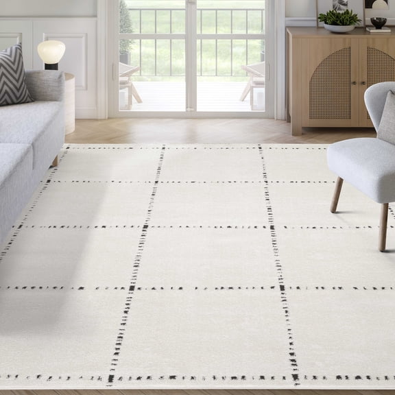 Oliver Geometric Runner Rug 3x6 Cream Ivory Grid Pattern