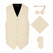 Oliver George 4pc Men's Solid Formal Suit Waistcoat Tuxedo Dress Vest Necktie Bowtie Handkerchief Set for Suit or Tuxedo Beige Large