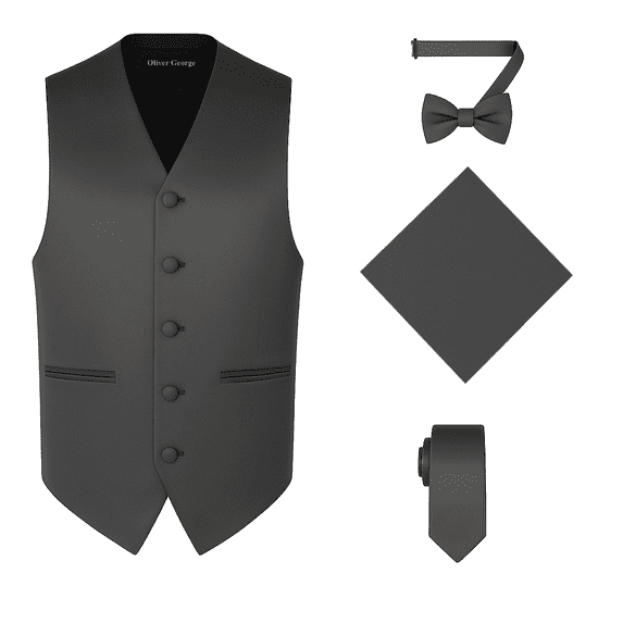 Oliver George 4pc Men's Solid Formal Suit Waistcoat Tuxedo Dress Vest Necktie Bowtie Handkerchief Set for Suit or Tuxedo Charcoal Small