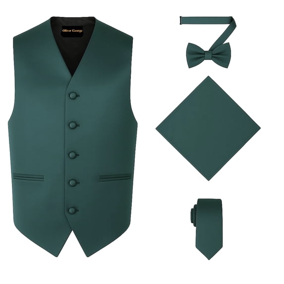 Oliver George 4pc Men's Solid Formal Suit Waistcoat Tuxedo Dress Vest Necktie Bowtie Handkerchief Set for Suit or Tuxedo Forest Green 3X-Large