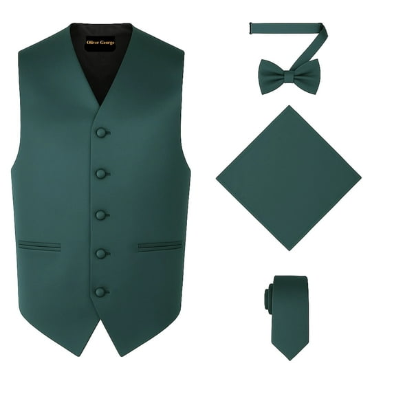 Oliver George 4pc Men's Solid Formal Suit Waistcoat Tuxedo Dress Vest Necktie Bowtie Handkerchief Set for Suit or Tuxedo Forest Green X-Small
