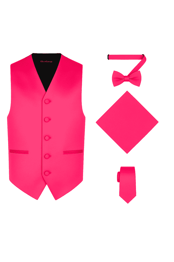 4pc Men's Solid Formal Suit Waistcoat Tuxedo Dress Vest Necktie Bowtie Handkerchief Set for Suit or Tuxedo Fuchsia Pink Medium