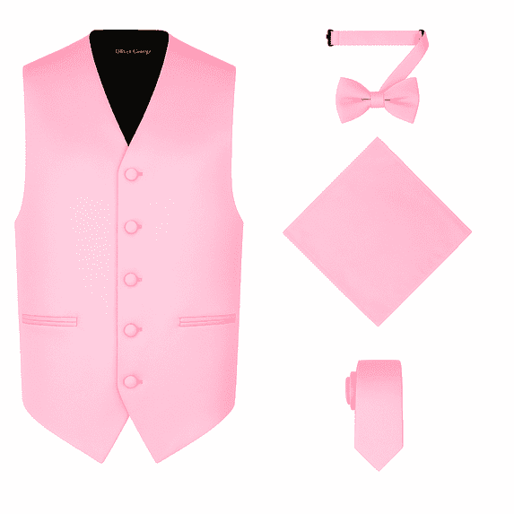 Oliver George 4pc Men's Solid Formal Suit Waistcoat Tuxedo Dress Vest Necktie Bowtie Handkerchief Set for Suit or Tuxedo Pink 2X-Large
