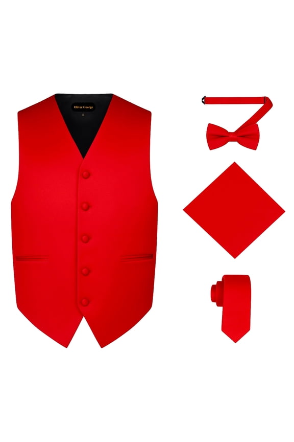 4pc Men's Solid Formal Suit Waistcoat Tuxedo Dress Vest Necktie Bowtie Handkerchief Set for Suit or Tuxedo Red X-Large