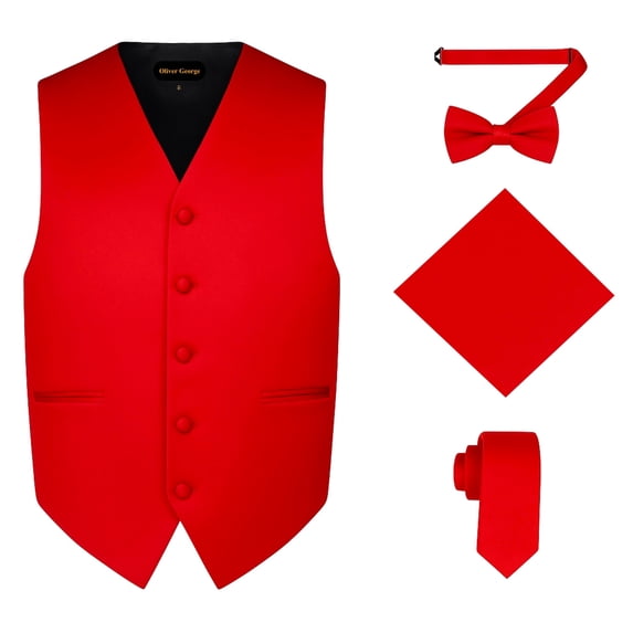 Oliver George 4pc Men's Solid Formal Suit Waistcoat Tuxedo Dress Vest Necktie Bowtie Handkerchief Set for Suit or Tuxedo Red Large
