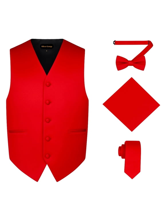 4pc Men's Solid Formal Suit Waistcoat Tuxedo Dress Vest Necktie Bowtie Handkerchief Set for Suit or Tuxedo Red Large