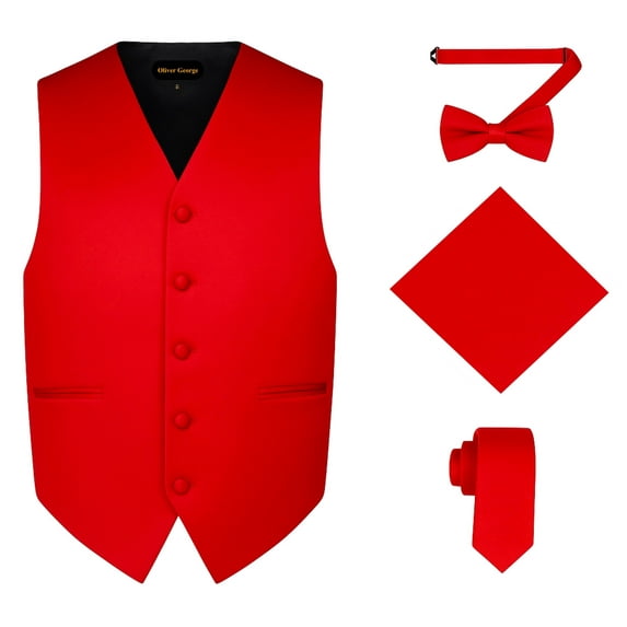 Oliver George 4pc Men's Solid Formal Suit Waistcoat Tuxedo Dress Vest Necktie Bowtie Handkerchief Set for Suit or Tuxedo Red Medium