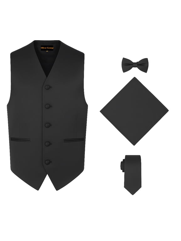 4pc Men's Solid Formal Suit Waistcoat Tuxedo Dress Vest Necktie BowTie Handkerchief Set For Suit or Tuxedo Black Medium