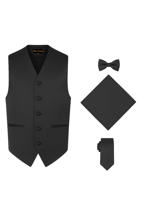 4pc Men's Solid Formal Suit Waistcoat Tuxedo Dress Vest Necktie BowTie Handkerchief Set For Suit or Tuxedo Black Medium