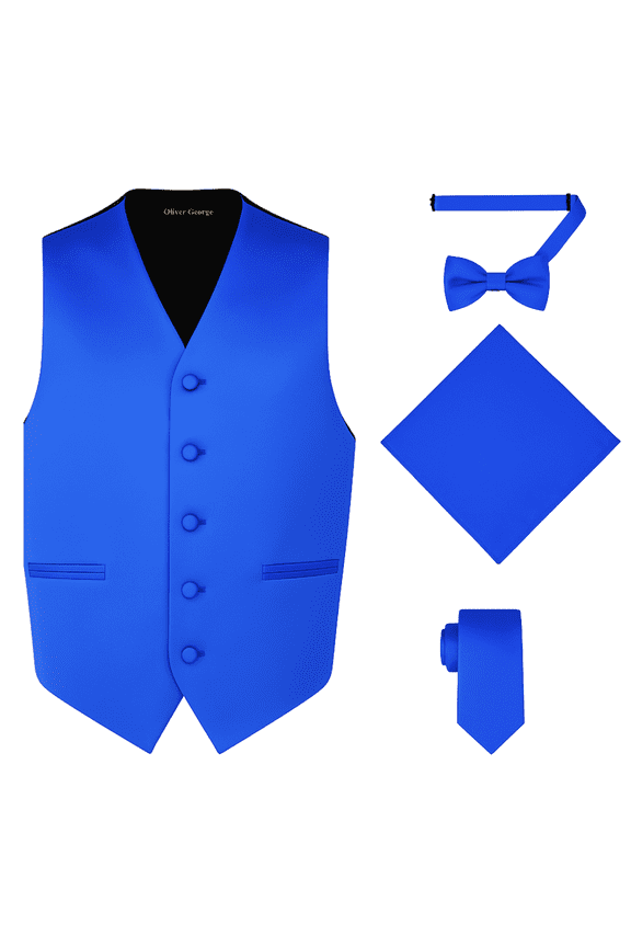 4pc Men's Solid Formal Suit Waistcoat Tuxedo Dress Vest Necktie Bowtie Handkerchief Set for Suit or Tuxedo Royal Blue Medium