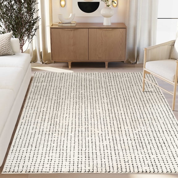 Oliver Neutral Area Rug 4x6 Cream Ivory Crosshatch Pattern