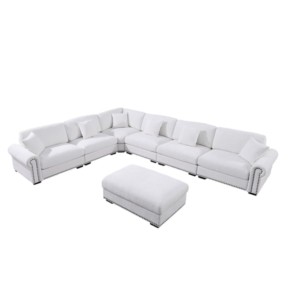 Oliver Polyester Upholstered Large Sectional Sofa 6-seat with ottoman White