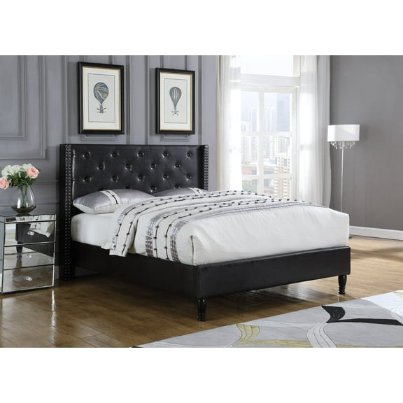 Oliver and Smith Full Upholstered Leather Platform Bed Frame Black - 51 Inch Button Tufted Headboard - Leather Upholstered Bed Slat Support - Easy Assembly