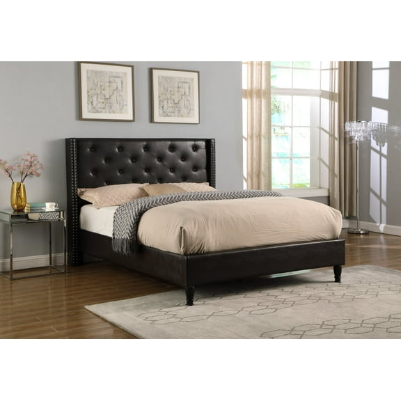 Oliver and Smith Full Upholstered Leather Platform Bed Frame Brown - 51 Inch Button Tufted Headboard - Leather Upholstered Bed Slat Support - Easy Assembly