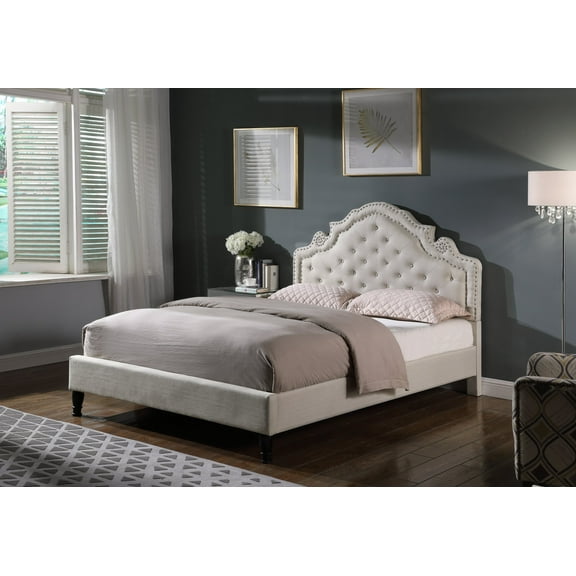 Oliver and Smith Full Upholstered Platform Bed Frame 51 Inch Tall Button Tufted Linen Headboard No Box Spring Needed Wood Slats Easy Assembly Light Beige