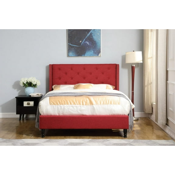 Oliver and Smith Full Upholstered Platform Bed Frame Burgundy - 51 Inch Tall Button Tufted Headboard - Soft Linen Fabric Wood Slats - Modern Fabric Design - Easy Assembly (ASTOR)