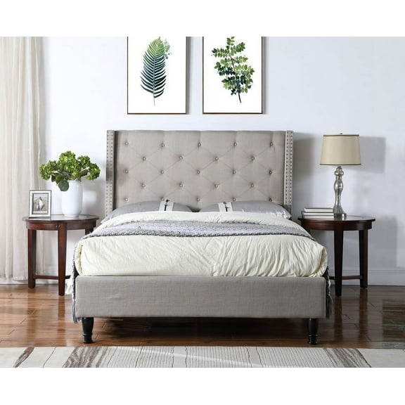 Oliver and Smith Full Upholstered Platform Bed Frame Grey - 51 Inch Tall Button Tufted Headboard - Soft Linen Fabric Wood Slats - Modern Fabric Design - Easy Assembly (ASTOR)