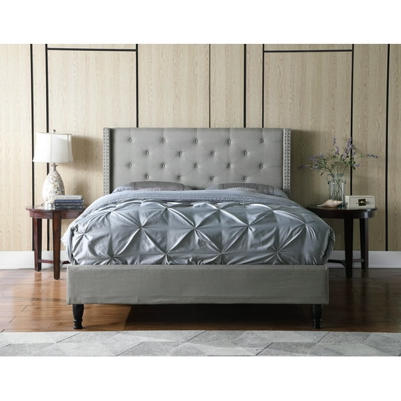 Oliver and Smith Full Upholstered Platform Bed Frame Grey - 51 Inch Tall Button Tufted Headboard - Soft Linen Fabric Wood Slats - Modern Fabric Design - Easy Assembly (ASTOR)