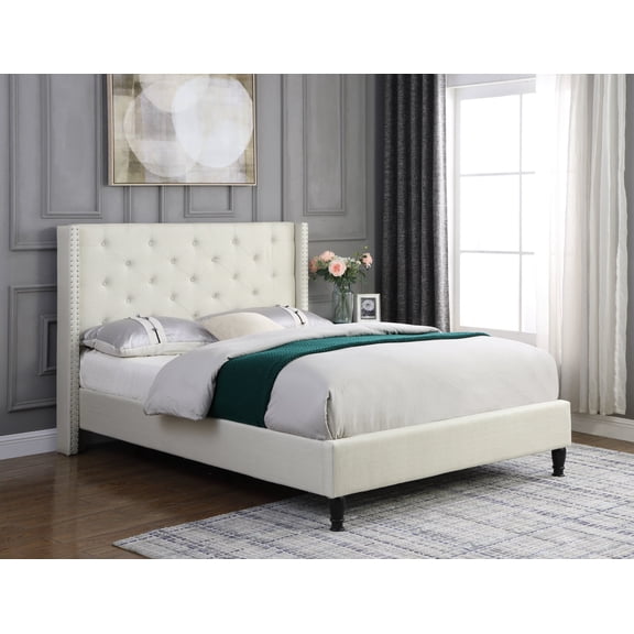 Oliver and Smith Full Upholstered Platform Bed Frame Light Beige - 51 Inch Tall Button Tufted Headboard - Soft Linen Fabric Wood Slats - Modern Fabric Design - Easy Assembly (ASTOR)