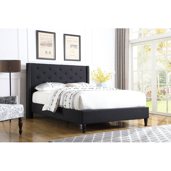 Oliver and Smith King Upholstered Platform Bed Frame Black - 51 Inch Tall Button Tufted Headboard - Soft Linen Fabric Wood Slats - Modern Fabric Design - Easy Assembly (ASTOR)