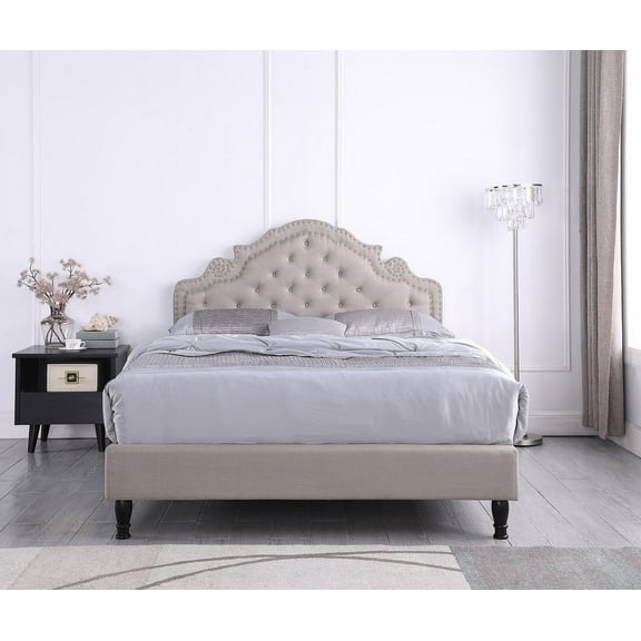 Oliver and Smith Queen Upholstered Platform Bed Frame 51 Inch Tall Button Tufted Linen Headboard No Box Spring Needed Wood Slats Easy Assembly Light Grey