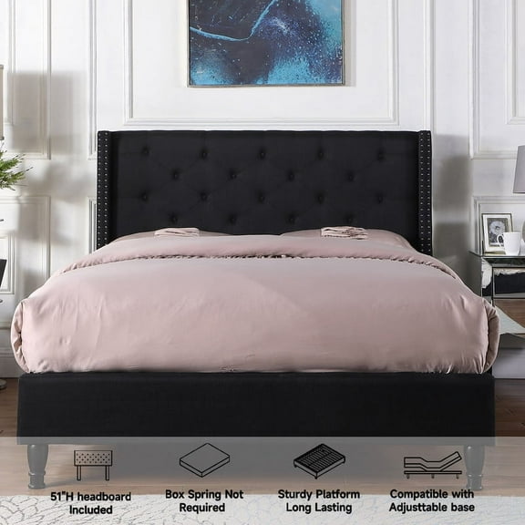 Oliver and Smith Queen Upholstered Platform Bed Frame Black - 51 Inch Tall Button Tufted Headboard - Soft Linen Fabric Wood Slats - Modern Fabric Design - Easy Assembly (ASTOR)
