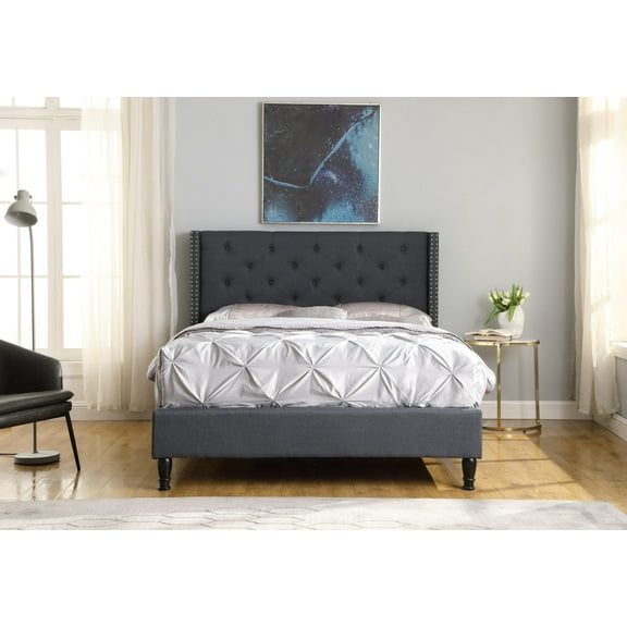 Oliver and Smith Queen Upholstered Platform Bed Frame Blue - 51 Inch Tall Button Tufted Headboard - Soft Linen Fabric Wood Slats - Modern Fabric Design - Easy Assembly (ASTOR)