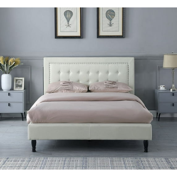 Oliver and Smith Queen Upholstered Platform Bed Frame -Tufted Linen 43.5'' Headboard Wood Slats - Storage Space Easy Assembly No Box Spring Needed Beige (ATHENA)