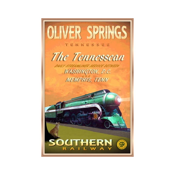Oliver Springs Tennessee Southern Railway Travel Poster, The Tennessean Train Pacific Streamliner Retro Wall Art Print
