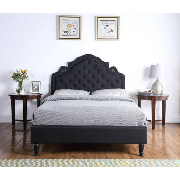 Oliver and Smith Full Upholstered Platform Bed Frame 51 Inch Tall Button Tufted Linen Headboard No Box Spring Needed Wood Slats Easy Assembly Black