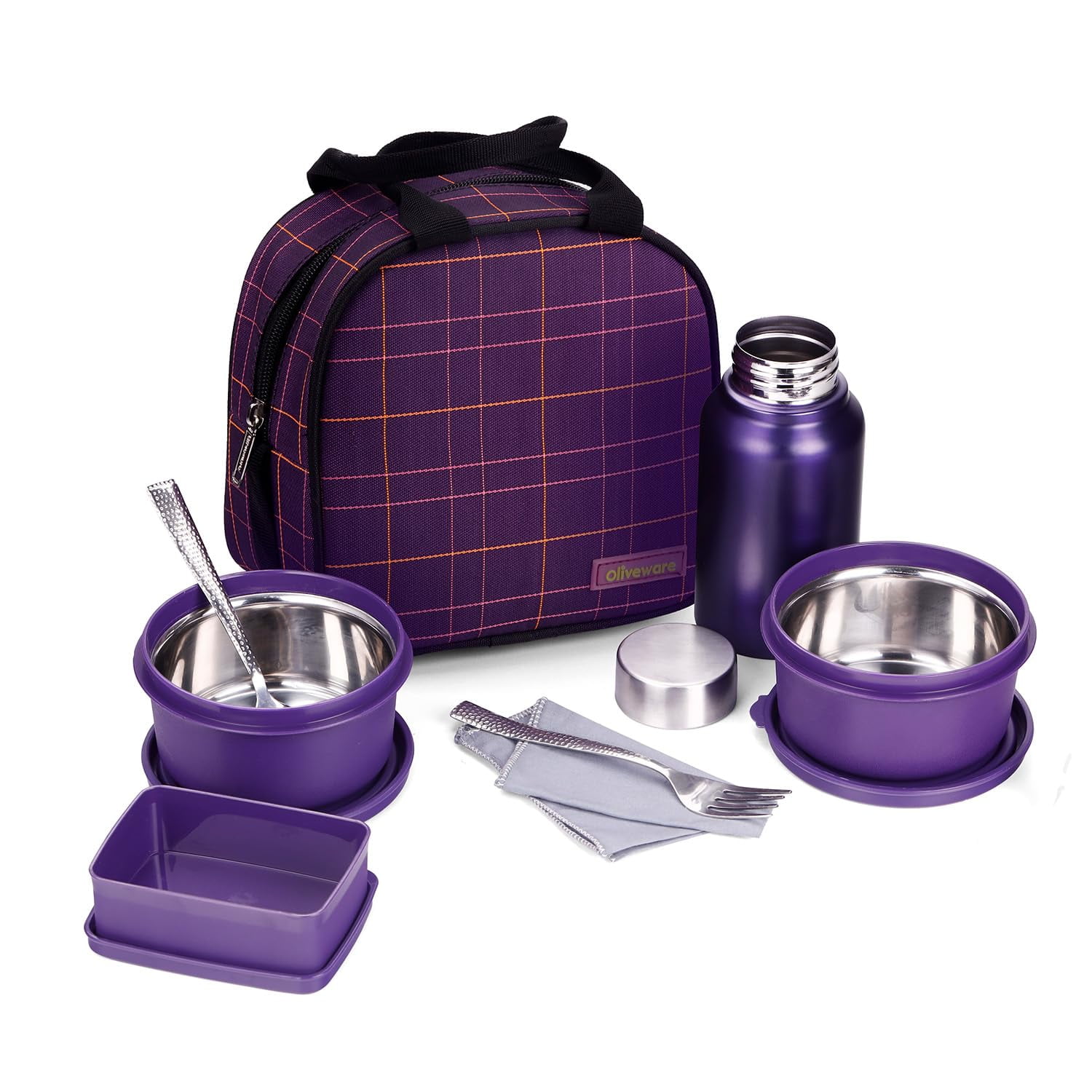 Oliveware Octavia Lunchbox, Steel Cutlery & Napkin, Microwave & Freezer