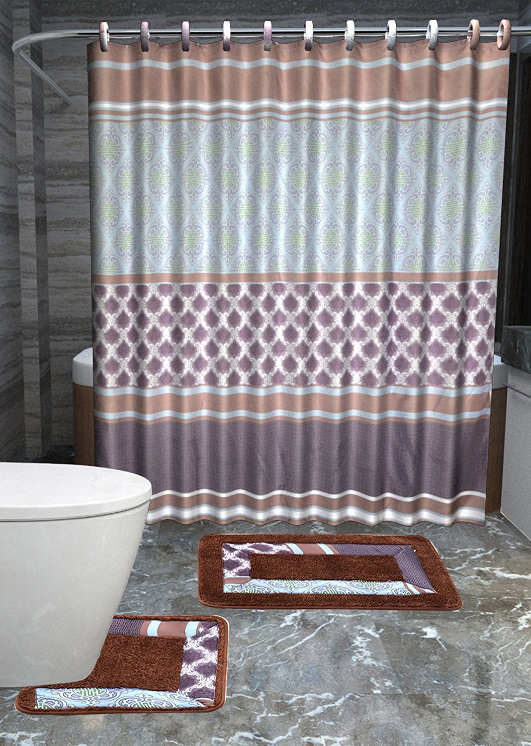Olivia 15-piece royalty Bathroom Accessories Set Rugs Shower Curtain \u0026  Matching Rings Brown \u0026 Blue, image size:1068x1500