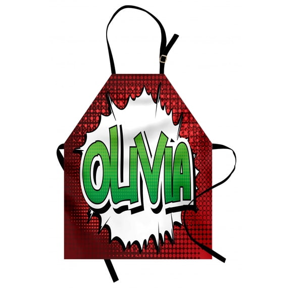 Olivia Apron Retro Comic Book Burst with Common Women`s Given Name Teenager Design, Unisex Kitchen Bib Apron with Adjustable Neck for Cooking Baking Gardening, Ruby Green and White, by Ambesonne