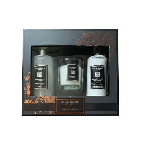 Olivia Blake Beauty Trio: Pomegranate & Cassis - Fragranced Candles, Bath Gel, and Body Lotion Set
