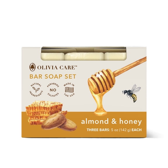 Olivia Care Almond & Honey Bar Soap, 3 Pack, 5 oz Each, Natural Ingredients, Moisturizing Bath Soap, Made in USA