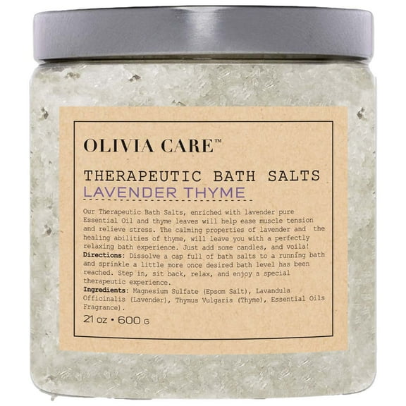 Olivia Care Epsom Bath Salts with Lavender Thyme  Therapeutic, Relieve Stress & Relax Muscles. Exfoliate, Rejuvenate, Calming & Healing | Infused with Natural Essential Oils - Fresh Fragrance - 21 OZ