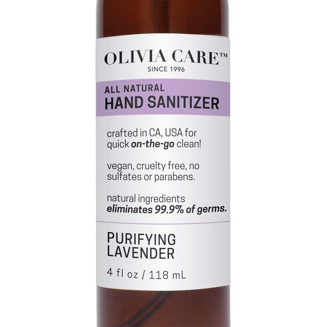 Olivia Care Hand Sanitizer Alcohol Based with Lavender Essential Oils - Antibacterial, Antiseptic, 99.9% Effective Germ-Killing, Moisturizing. Remove Bacteria, Impurities, Dirt. Disinfectant - 4 FL OZ