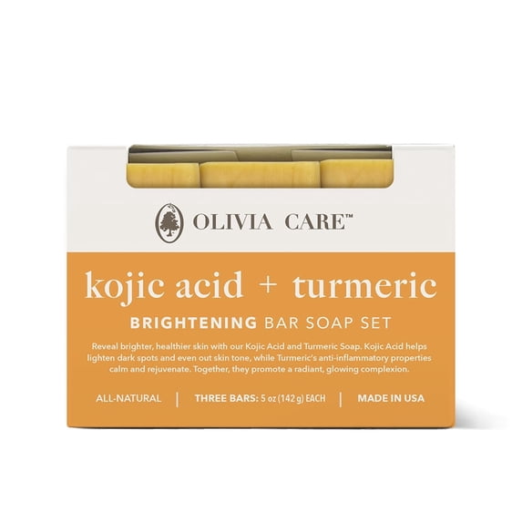 Olivia Care Kojic Acid & Turmeric Brightening Bar Soap, Helps Improve Appearance of Dark Spots & Uneven Skin Tone, Facial & Body Cleanser, 5 oz Bars, 3-Pack