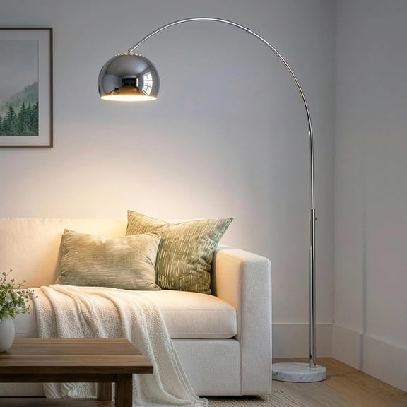 Olivia - Chic Arc Lamp with Rounded Spolight Head and Marble Base for Living Room, Tall Standing Lamp with LED Light Bulb for Bedroom Reading, Boho Home Decor for Office - Chrome