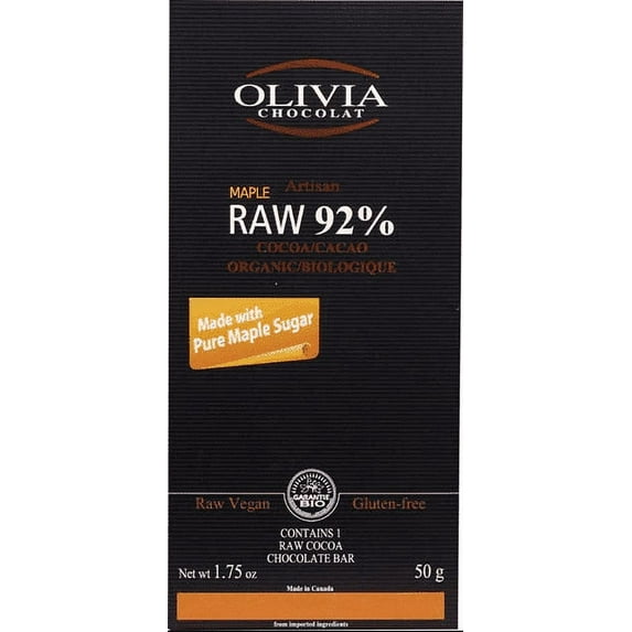 Olivia Chocolat Artisan Raw 92% Cocoa Bar Organic Maple - 1.75 oz Pack of 2