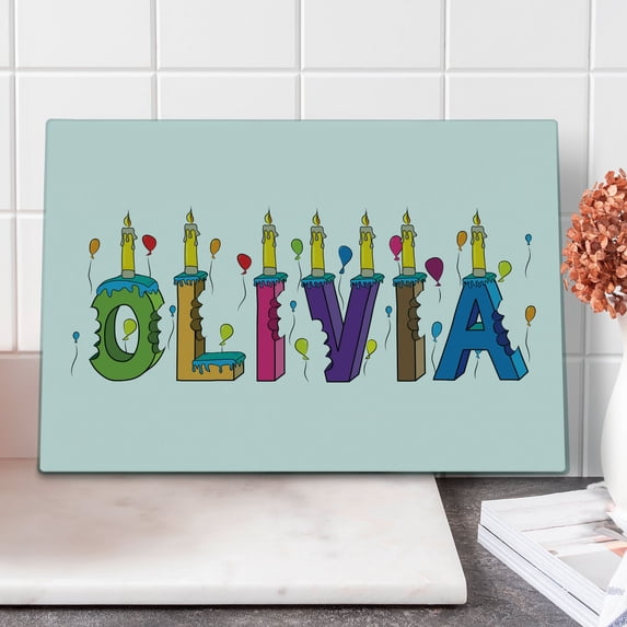 Olivia Cutting Board, Colorful Balloons with Cartoon Style Composition Letter Cake Girl Name Illustration, Decorative Tempered Glass Cutting and Serving Board, Large Size, Multicolor, by Ambesonne